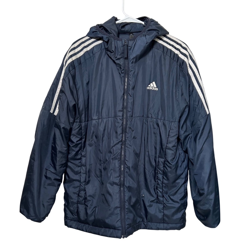 Adidas Primegreen Navy Blue Puffer Jacket Mens Large 3-Stripe Streetwear Hooded